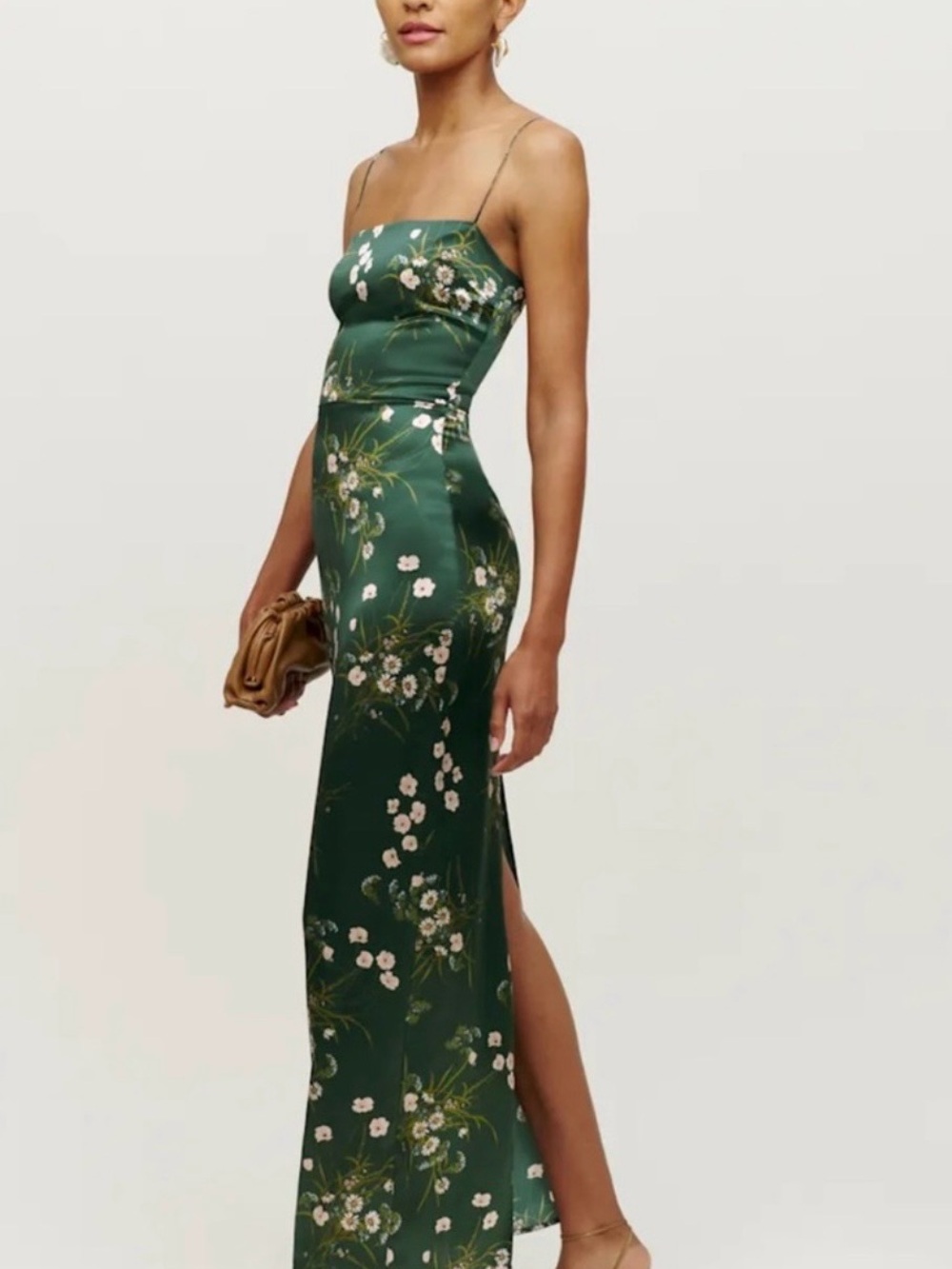 Reformation Frankie Silk Dress in Buena – Green Floral